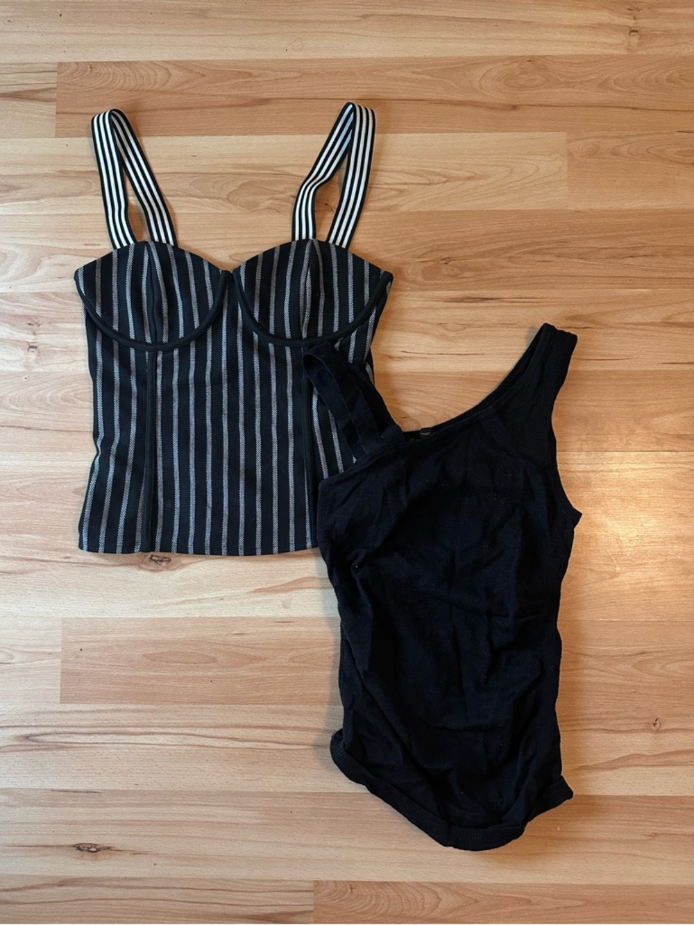 Express Black Striped Bustier and Solid Black One-Shoulder Tank Set